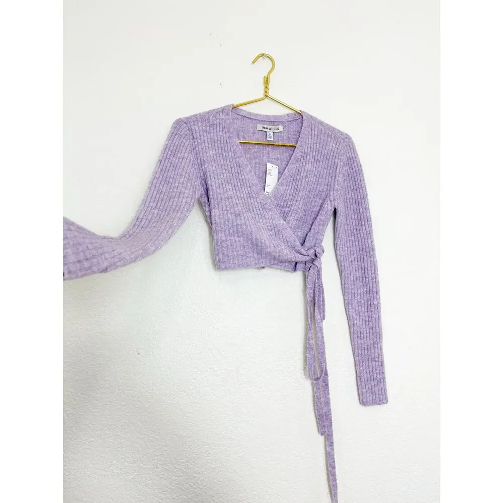 NWT Urban Outfitters Bibi Wrap Sweater Top Size Small Purple Knit Crop Ballerina